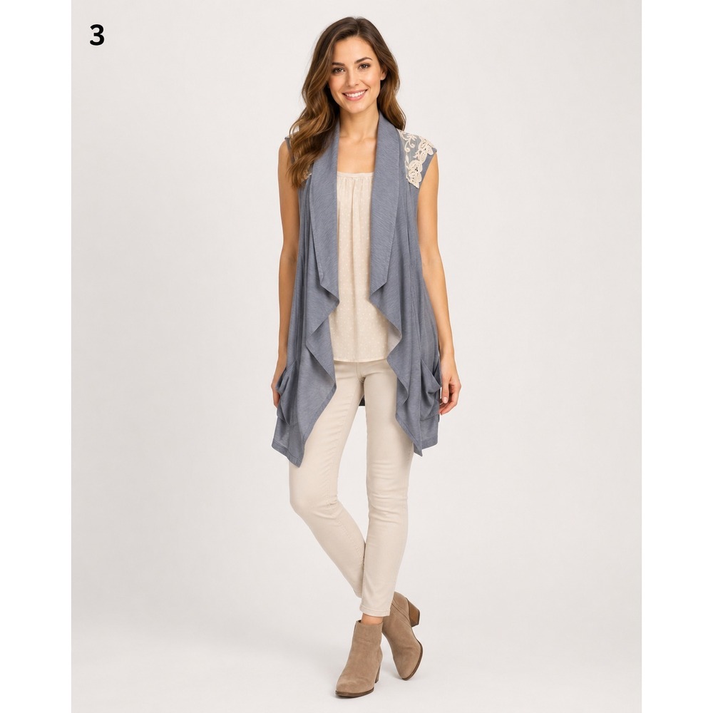 LOGO Cardigan Vest Womens XL Blue Cotton Cream Swiss Dot Lace Trim Romantic